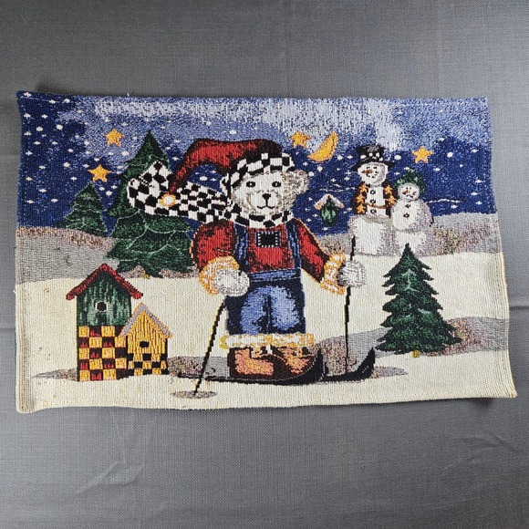 Holiday Bear Tapestry Wall Hanging Christmas Winter Decor Snowman Cabin - Picture 1 of 4